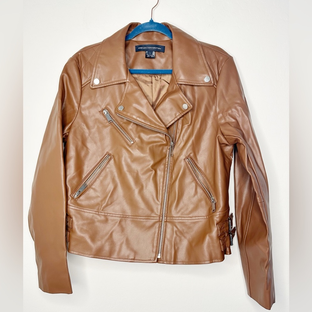 French Connection Quilted Back Camel Brown Moto Jacket size Large